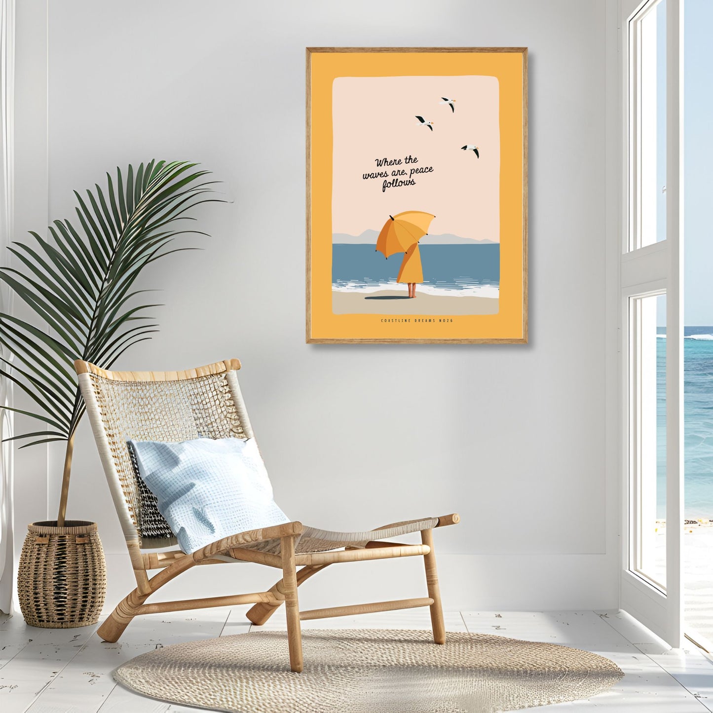Coastline Dreams No26 – Plakat
En kvinne med paraply står barfot i strandkanten under teksten "Where the waves are, peace follows". En stille hyllest til ro og kystliv. Illustrasjon viser plakat i eik ramme.