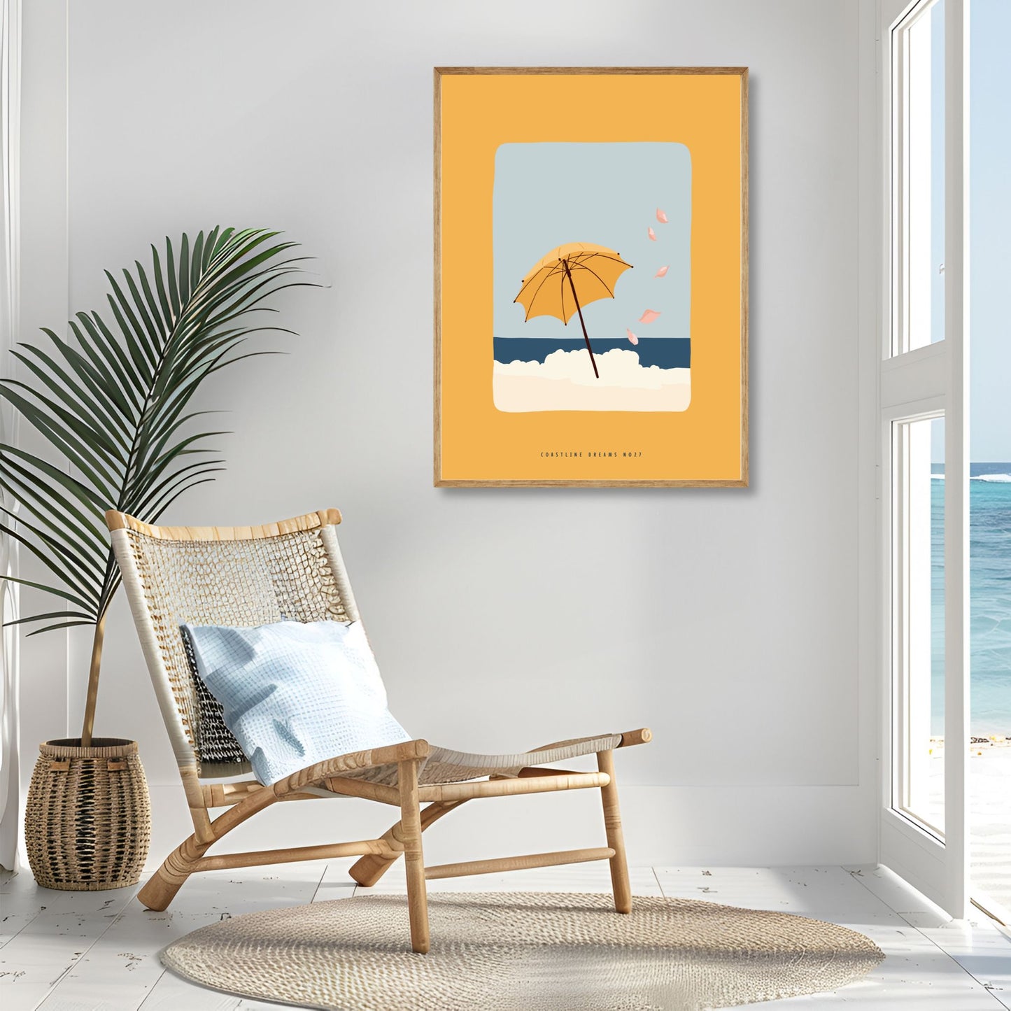 Coastline Dreams No27 – Plakat
En strandparasoll vaier i brisen mens rosa blader danser i luften. Et poetisk og drømmende strandmotiv i varme nyanser. Illustrasjon viser plakat i eik ramme.