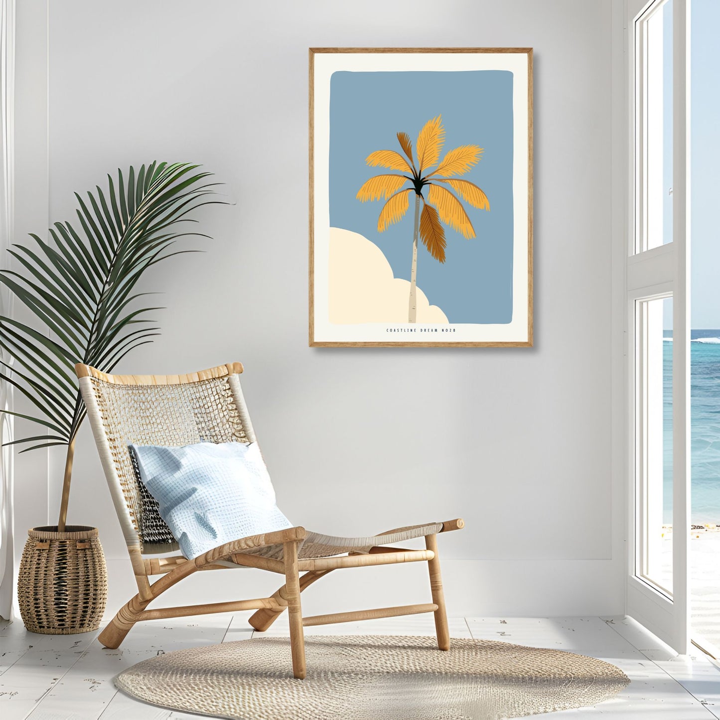 Coastline Dreams No28 – Plakat
En høy palme strekker seg mot blå himmel. Et stilrent motiv med tropisk stemning og sommerlig fargespill. Illustrasjon viser plakat i eik ramme.