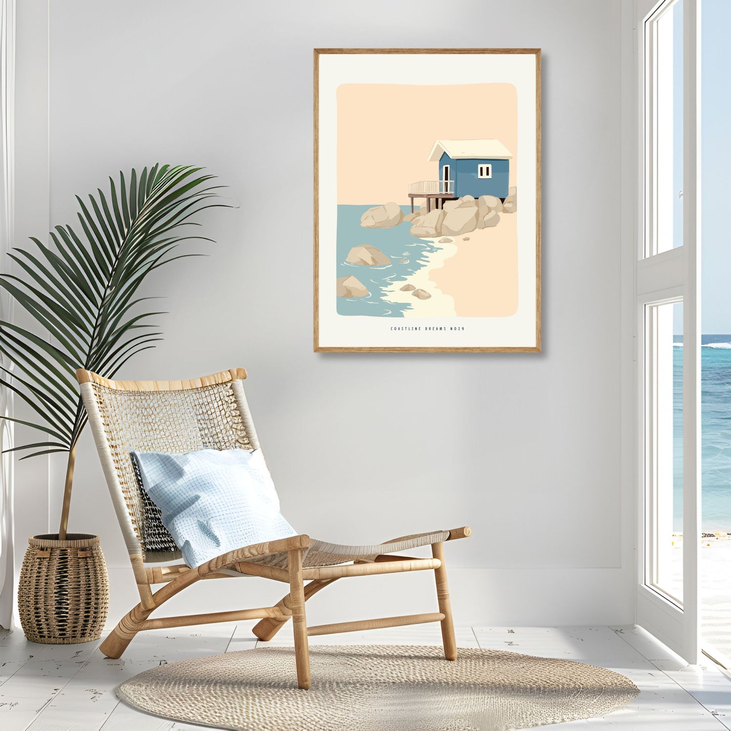 Coastline Dreams No29 – Plakat
Et blått naust på påler står blant steiner og havskvulp. Et kystnært motiv med arkitektonisk preg og rolig fargepalett. Illustrasjon viser plakat i eik ramme.