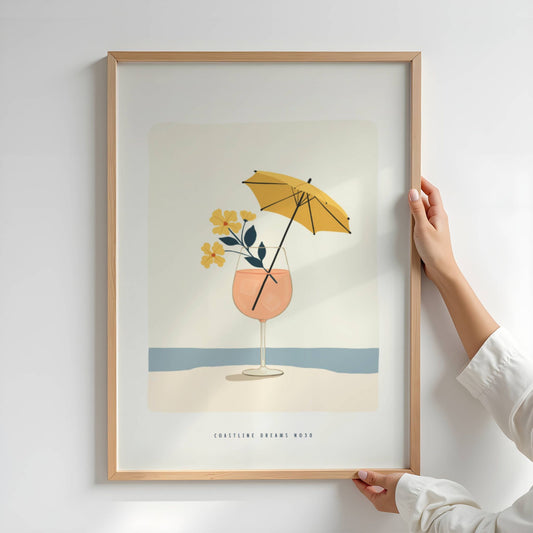 Coastline Dreams No30 – Plakat
Et glass med ferskenfarget drikke, pyntet med blomster og parasoll, står ved vannkanten. Et lekent og dekorativt motiv med smak av sommer. Illustrasjon viser plakat i eik ramme.
