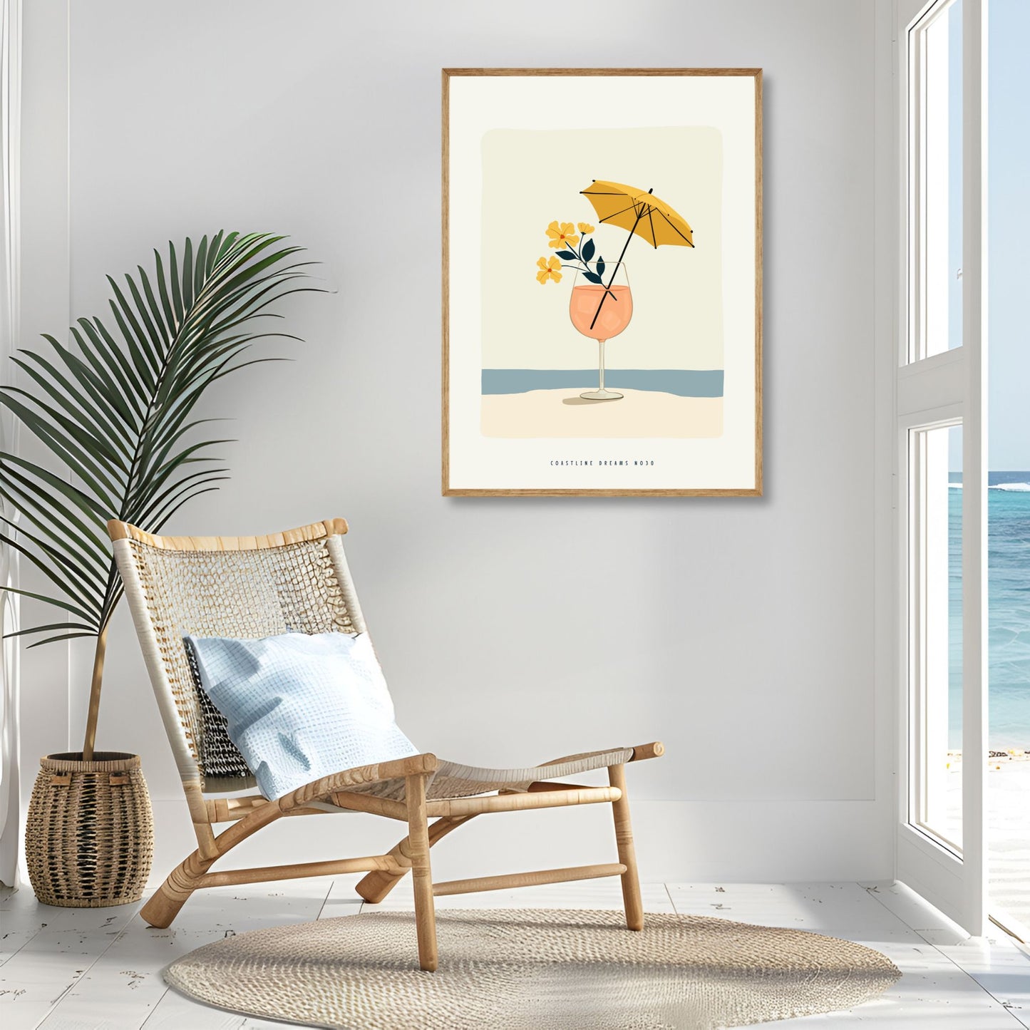 Coastline Dreams No30 – Plakat
Et glass med ferskenfarget drikke, pyntet med blomster og parasoll, står ved vannkanten. Et lekent og dekorativt motiv med smak av sommer. Illustrasjon viser plakat i eik ramme.