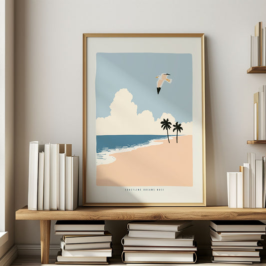Coastline Dreams No31 – Plakat
En måke svever over en strand med palmer og skyer i horisonten. Et tropisk og luftig motiv som fanger følelsen av frihet. Illustrasjon viser plakat i eik ra<mme.