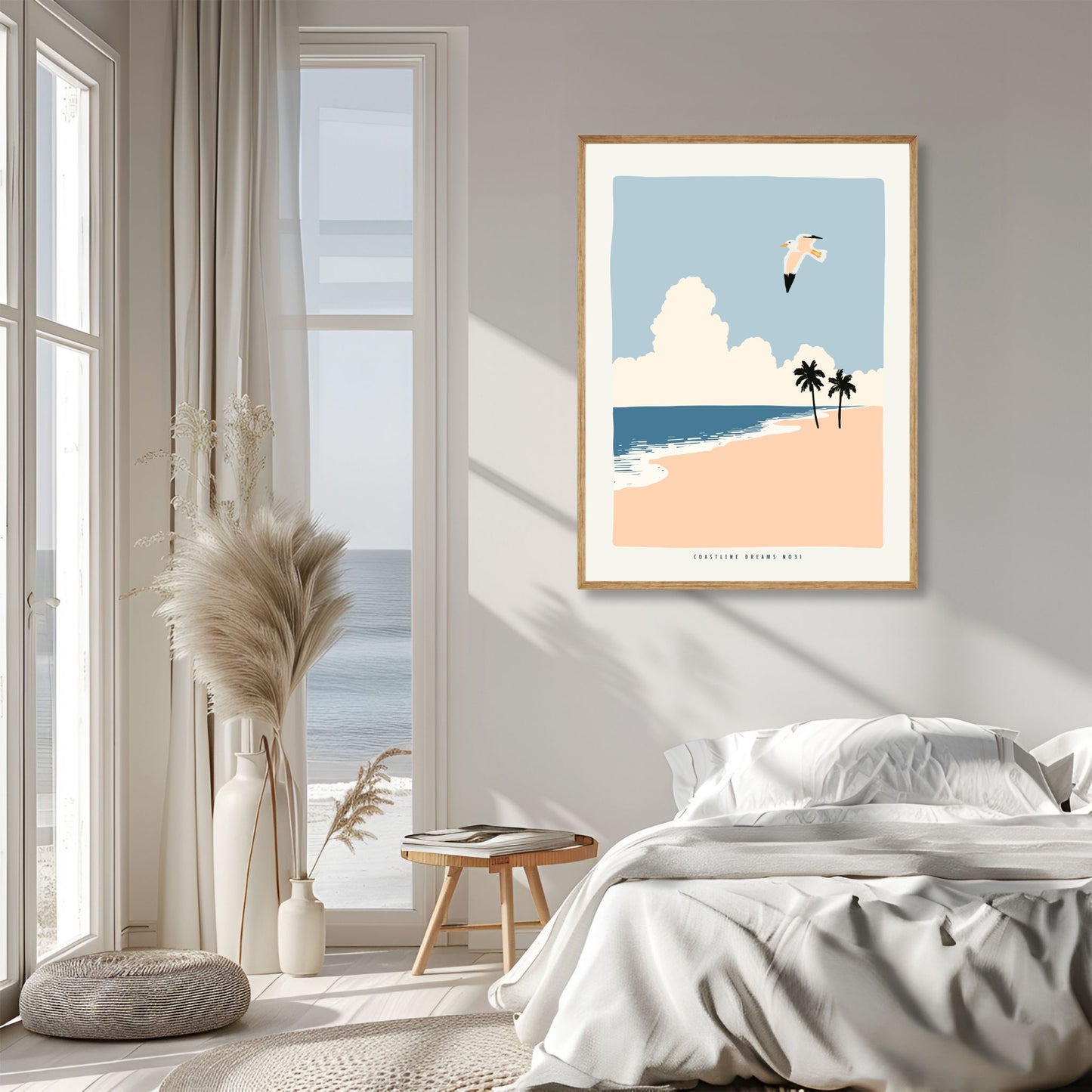 Coastline Dreams No31 – Plakat
En måke svever over en strand med palmer og skyer i horisonten. Et tropisk og luftig motiv som fanger følelsen av frihet. Illustrasjon viser plakat i eik ra<mme.