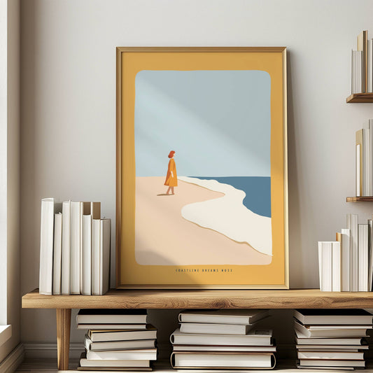 Coastline Dreams No33 – Plakat
En kvinne i varm gyllen kjole går langs stranden. Et rolig og avbalansert motiv i duse farger og med fokus på stillhet og bevegelse. Illustrasjon viser plakat i eik ramme.