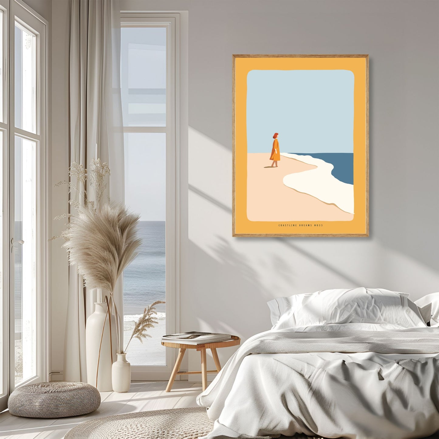 Coastline Dreams No33 – Plakat
En kvinne i varm gyllen kjole går langs stranden. Et rolig og avbalansert motiv i duse farger og med fokus på stillhet og bevegelse. Illustrasjon viser plakat i eik ramme.