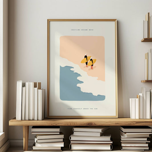Coastline Dreams No40 – Plakat
To surfere med brett står klare ved vannkanten. Et rent og moderne motiv som hyller friheten i bølgene. Illustrasjon viser plakat i eik ramme.