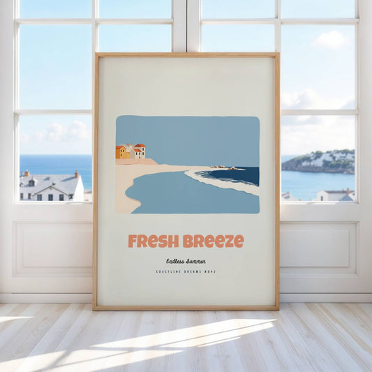 Coastline Dreams No42 – Plakat
Bølger ruller inn mot kysten ved en liten landsby med varme pastellfarger. Teksten Fresh Breeze gir motivet en lett og sval stemning. Illustrasjon viser plakat i eik ramme.