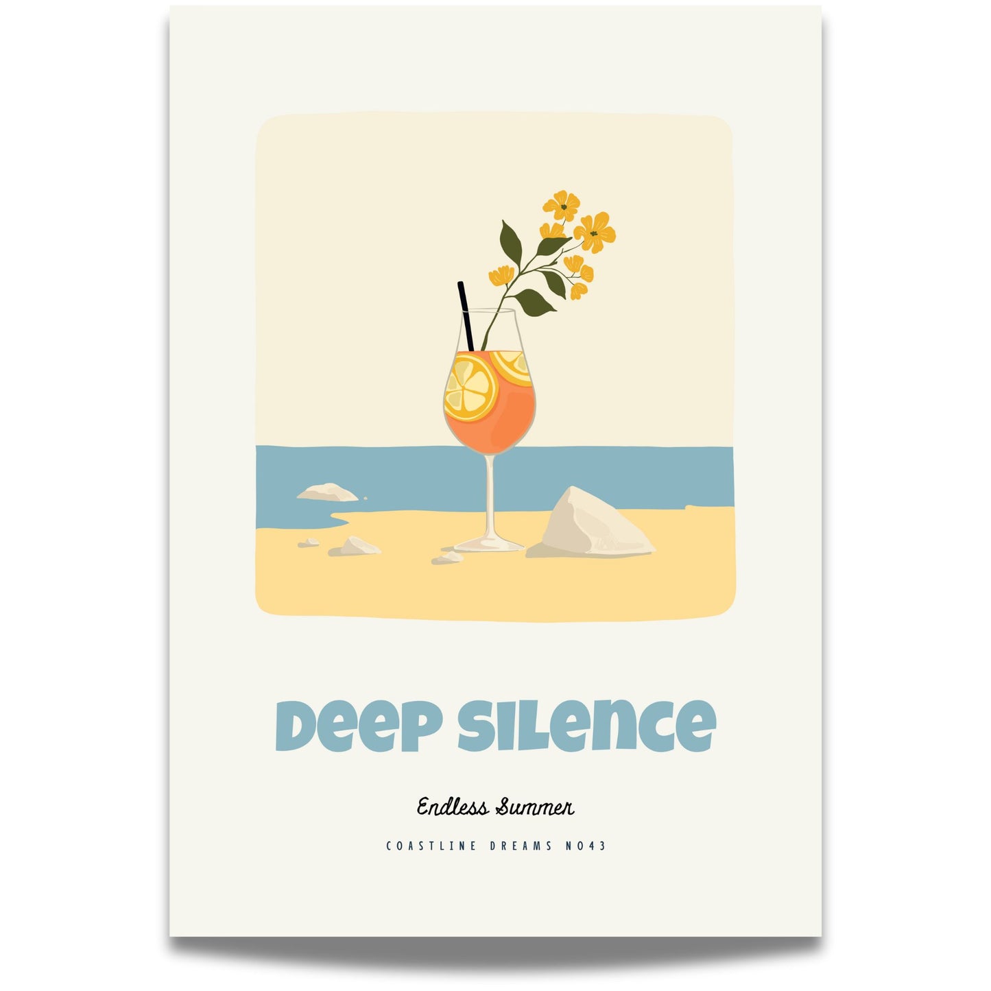Coastline Dreams No43 – Plakat
Et friskt sommerglass med sitrus og blomster mot en stille kyst. Teksten Deep Silence – Endless Summer gir motivet et poetisk preg.