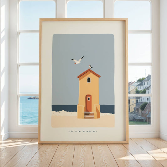Coastline Dreams No5 – Plakat
Et lite kysthus mot havet og himmelen. Måker i bevegelse gir plakaten liv og sommerlig bevegelse. Illustrasjon viser plakat i eik ramme.
