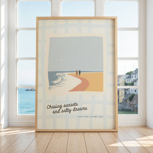 Coastline Dreams No8 – Plakat
To personer går hånd i hånd langs en bølgende kystlinje. Et romantisk og avslappet strandmotiv med retro-følelse og tekst. Illustrasjon viser plakat i eik ramme.