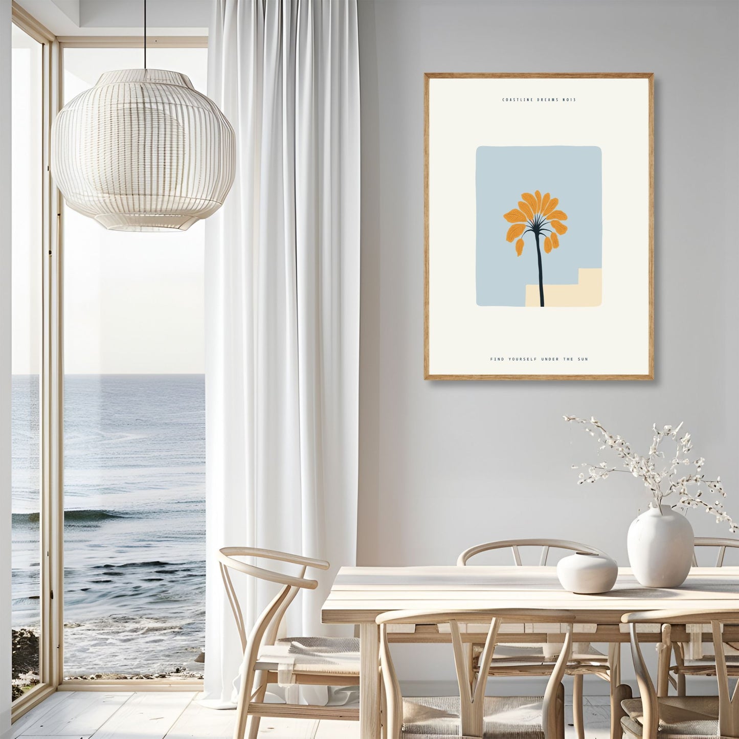 Coastline Dreams No13 – Plakat
En gyllen palme strekker seg mot himmelen over minimalistiske former. En dekorativ og moderne plakat med sommerlig preg. Illustrasjon viser plakat i eik ramme.
