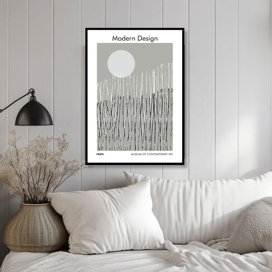 Grafiske plakat, med et minimalistiske design av vertikale linjer og en subtil grå bakgrunn. Illustrasjon viser plakat i sort ramme.