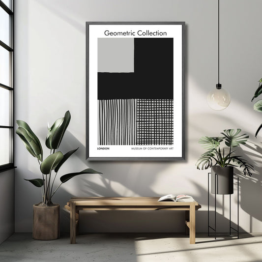 Denne grafiske plakaten i sort og grått - gir en subtil, og sterk visuell appell som vil komplementere en rekke innredningsstiler. Illustrasjonsfoto viser plakaten i sort ramme.