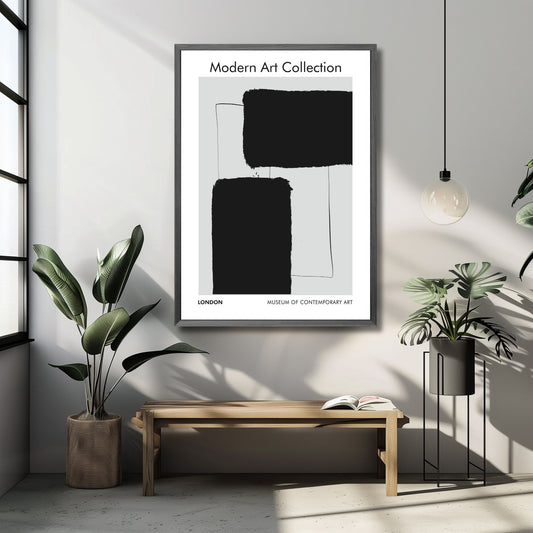 Denne grafiske plakaten i sort og grått - gir en subtil, og sterk visuell appell som vil komplementere en rekke innredningsstiler. Illustrasjonsfoto viser plakaten i sort ramme.