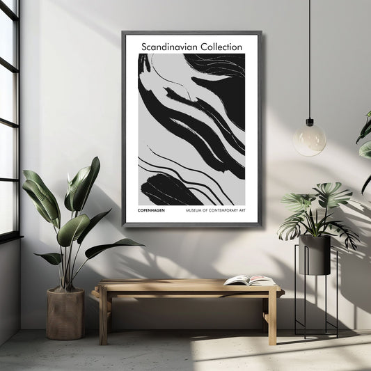 Denne grafiske plakaten i sort og grått - gir en subtil, og sterk visuell appell som vil komplementere en rekke innredningsstiler. Illustrasjonsfoto viser plakaten i sort ramme.