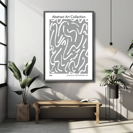 Denne grafiske plakaten i hvitt og grått - gir en subtil, og sterk visuell appell som vil komplementere en rekke innredningsstiler. Illustrasjonsfoto viser plakaten i sort ramme.