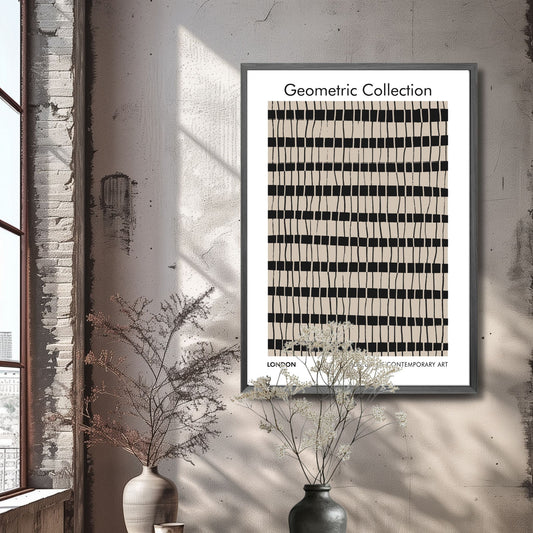 Denne grafiske plakaten i sort og beige - gir en subtil, og sterk visuell appell som vil komplementere en rekke innredningsstiler. Illustrasjonsfoto viser plakaten i sort ramme.
