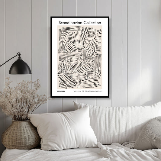 Denne skandinavisk-inspirerte plakaten, med sitt myke, kurvede linjemønster og naturlige beige toner, fremkaller en følelse av balanse og organisk harmoni. Illustrasjonen viser plakt i sort ramme.