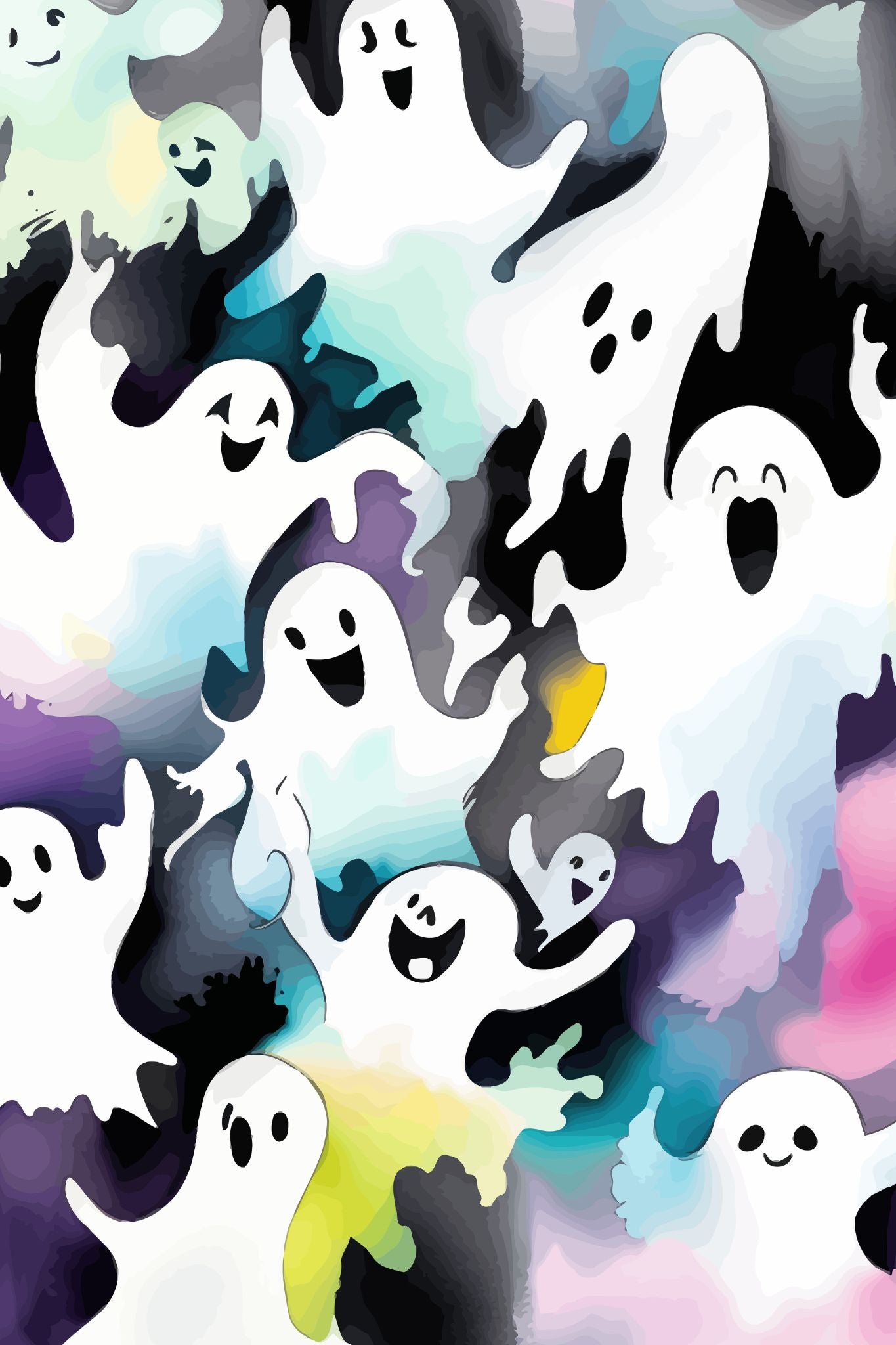 Creepy og kult halloweenkort. Motiv er i cartoon og forestiller spøkelser