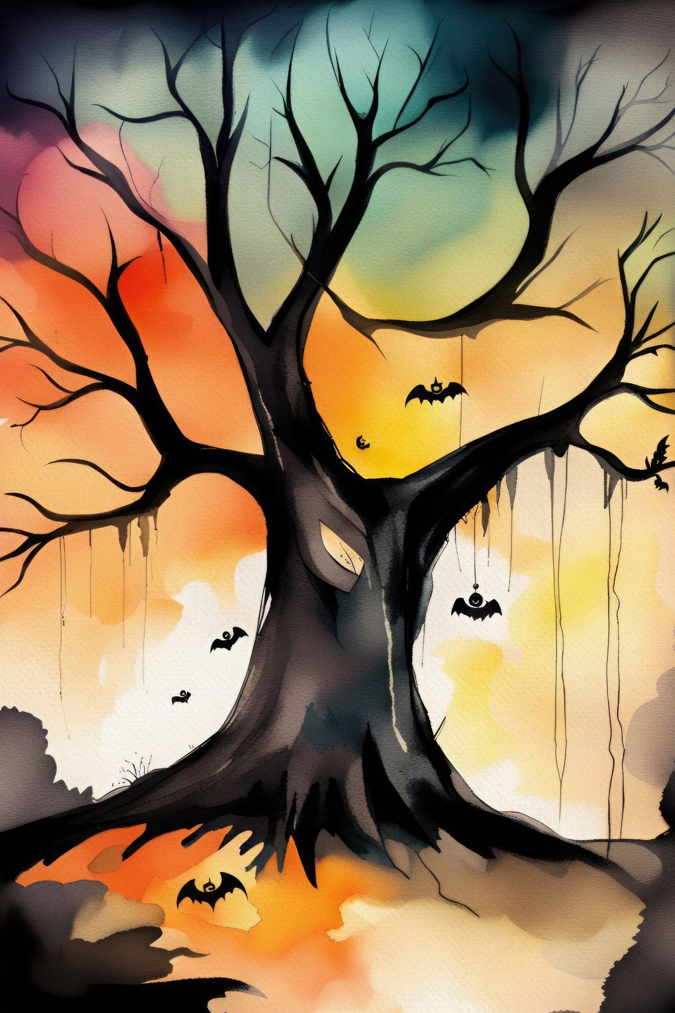 Creepy og kult halloweenkort. Motiv er i cartoon og forestiller et tre med flaggermus