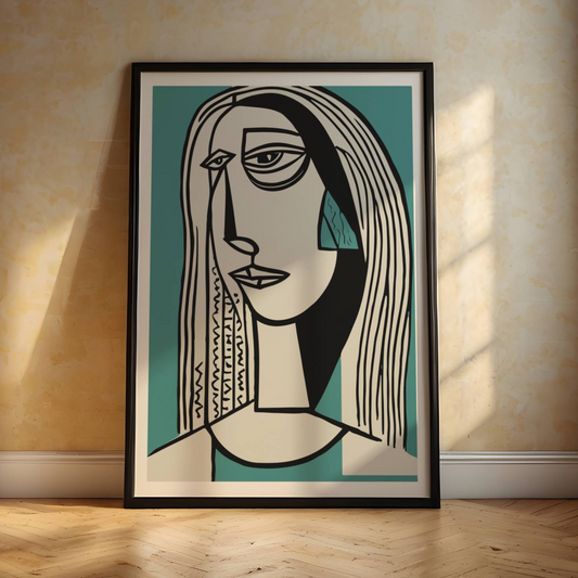 Cubism Head – grafisk plakat er et moderne kunsttrykk inspirert av kubismens stiliserte formspråk. Illustrasjon viser plakat i sort ramme.