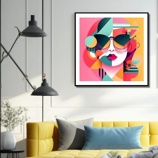 Grafisk motiv i ramme av en dame med solbriller. Multifarger i rosa, rød, oransje, grønn, hvit og mint. Bildet er kvadratisk med en hvit kant rundt..
