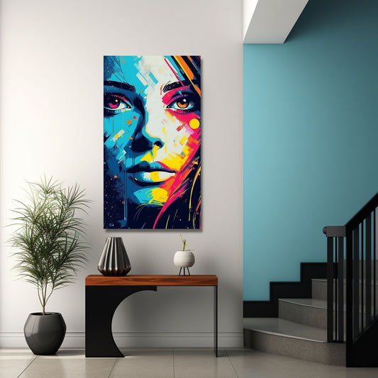 Abstrakt dameansikt grafisk fremstilt i flere farger. Halve ansiktet er i blånyanser, og andre halvdel i hvitt, rosa og gult. ellers er det innslag av oransje og svart. På bildet henger det på en hvit vegg i en hall ved siden av en vegg i lyseblå kontrastfarge.