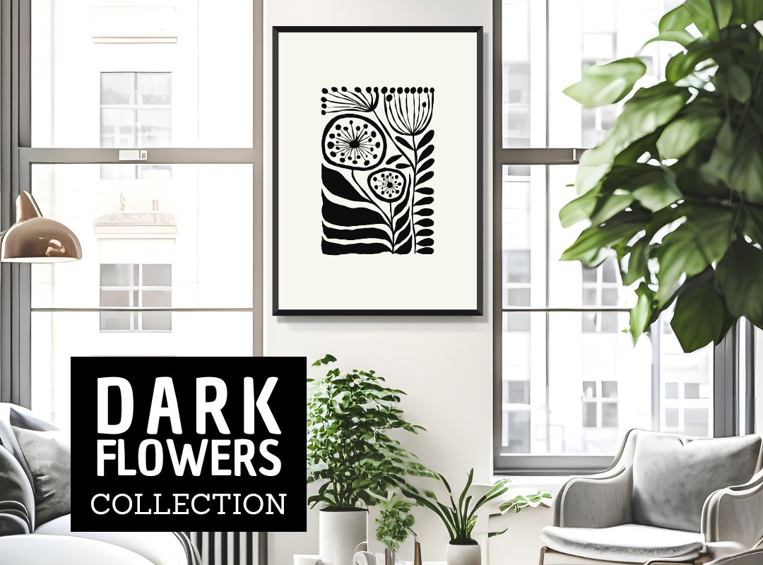 Dark Flowers er en serie grafiske plakater i abstrakt, floralt mønster i sort og dempet hvit bakgrunn. Serien består av flere ulike motiver.