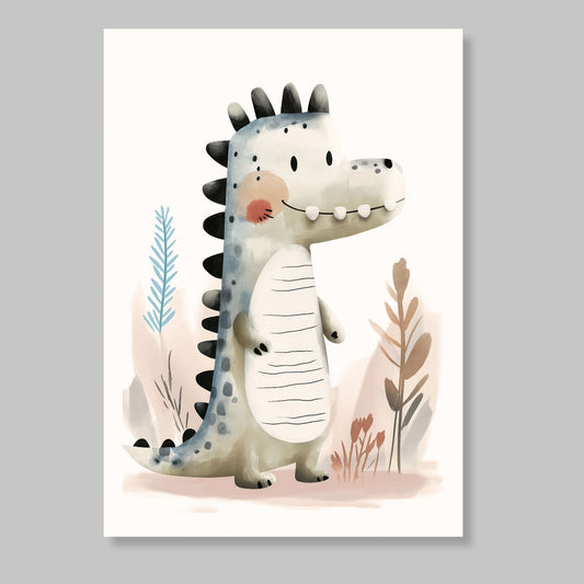 til barnerommet. Dino dinosaur - grafisk illustrasjon av en søt, liten dinosaur som er ute og spaserer. Illustrasjonsbilde av motiv på lerret.