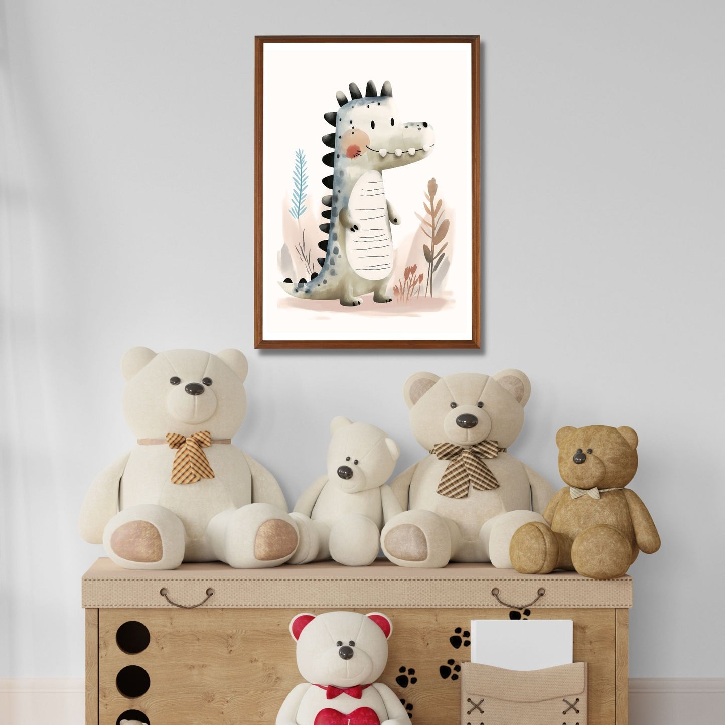 til barnerommet. Dino dinosaur - grafisk illustrasjon av en søt, liten dinosaur som er ute og spaserer. illustrasjonsbilde av motive som plakat i ramme.