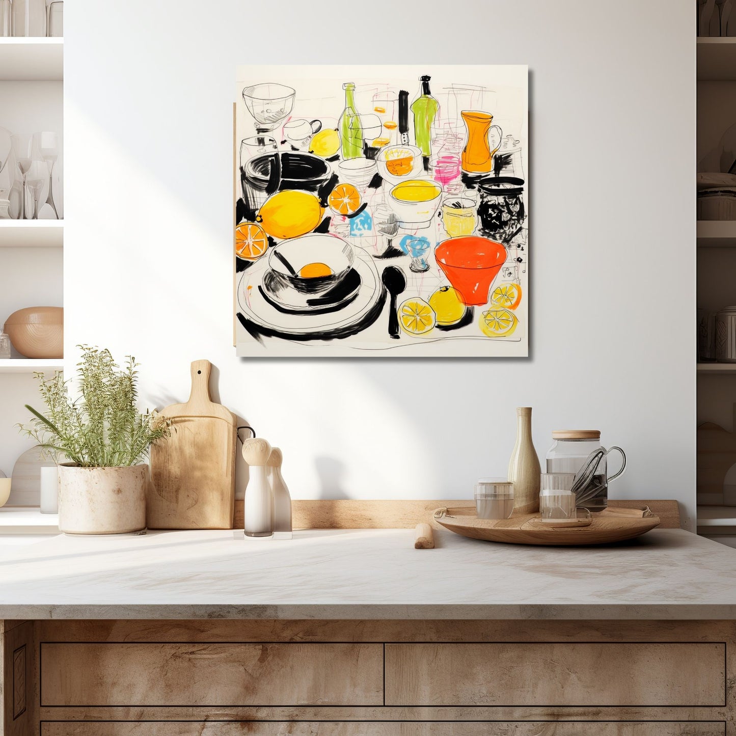 Grafisk illustrasjon av et fargerikt motiv som viser et bord dekket med skåler, fat og kopper, bringer denne plakaten og lerretet en følelse av varme og hjemlighet til rommet ditt. Illustrasjonen viser motivet på lerret som henger over en kjøkkenbenk.