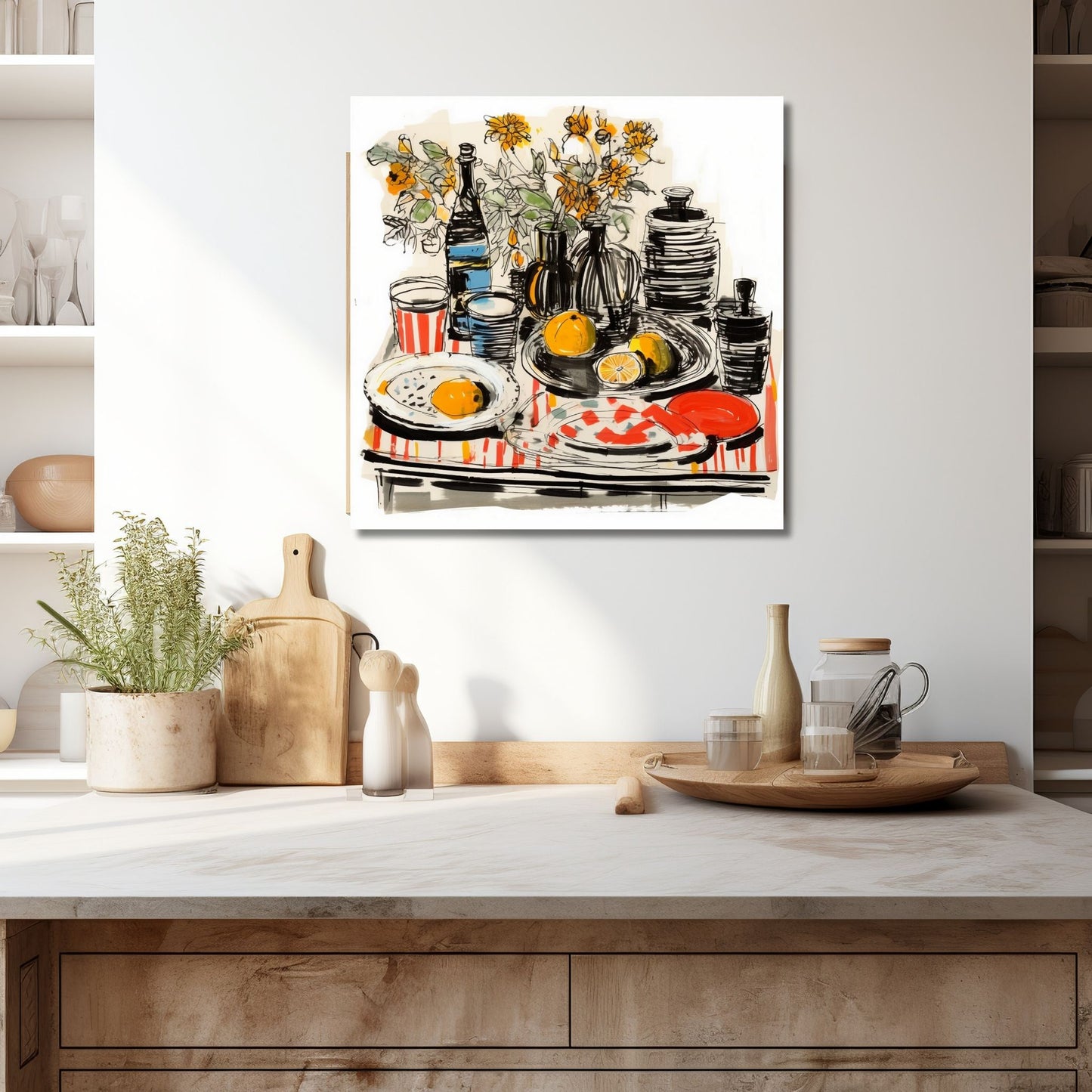Grafisk illustrasjon av et fargerikt motiv som viser et bord dekket med skåler, fat og kopper, bringer denne plakaten og lerretet en følelse av varme og hjemlighet til rommet ditt. Illustrasjonen viser motivet på lerret som henger over en kjøkkenbenk.