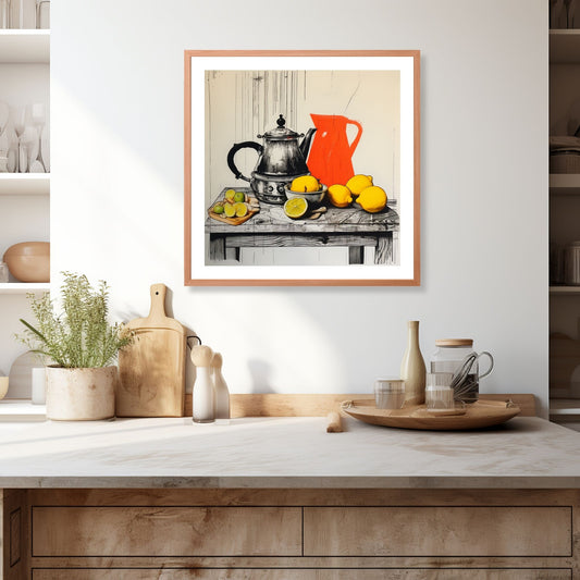 Et fargerikt håndtegnet grafisk motiv som viser et bord dekket med tekanner og friske sitroner, bringer denne plakaten og lerretet en følelse av friskhet og livlighet til rommet. Illustrasjonen viser motivet som plakat i ramme s.om henger over en kjøkkenbenk.