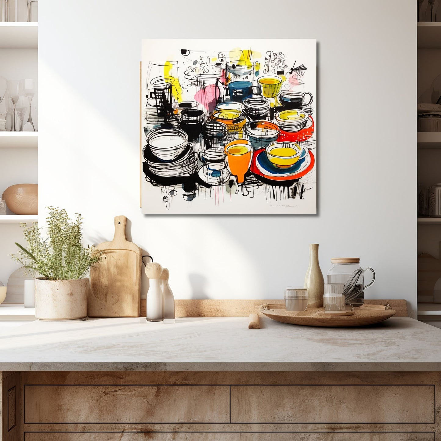 Grafisk håndtegnet illustrasjon av et livlig bord med en overflod av fat og kopper. Illustrasjonen viser motivet på lerret som henger over en kjøkkenbenk.