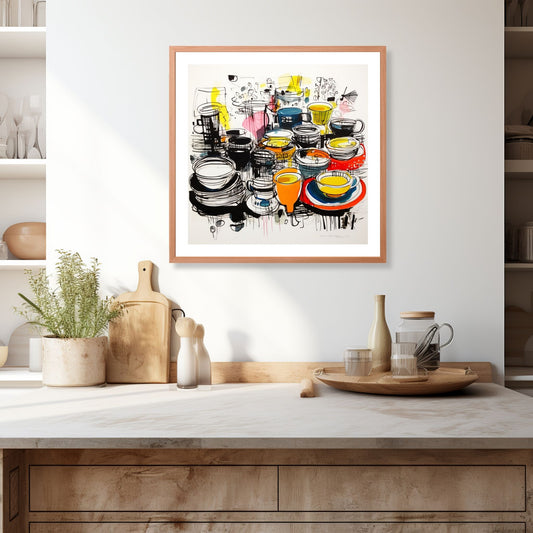 Grafisk håndtegnet illustrasjon av et livlig bord med en overflod av fat og kopper. Illustrasjonen viser motivet som plakat i ramme som henger over en kjøkkenbenk.