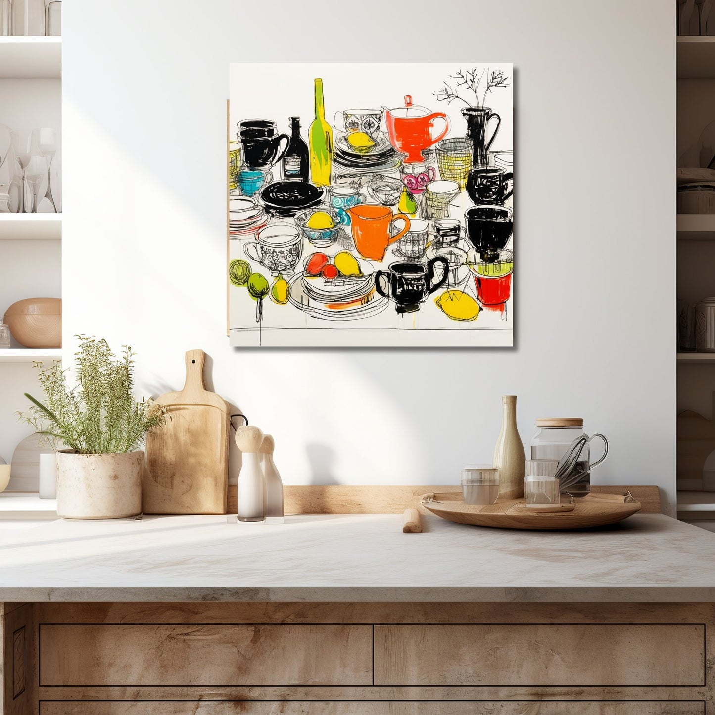 Denne håndtegnede grafiske illustrasjonen viser et bord fylt med en rekke forskjellige matretter, alt fra deilige måltider til fristende snacks. Det fargerike motivet vil umiddelbart fange oppmerksomheten. Illustrasjonen viser motivet på lerret som henger over en kjøkkenbenk.