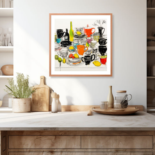 Denne håndtegnede grafiske illustrasjonen viser et bord fylt med en rekke forskjellige matretter, alt fra deilige måltider til fristende snacks. Det fargerike motivet vil umiddelbart fange oppmerksomheten. Illustrasjonen viser motivet som plakat i ramme som henger over en kjøkkenbenk.