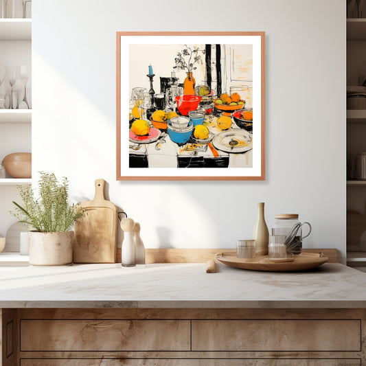 Denne håndtegnede grafiske illustrasjonen viser et bord fylt med en rekke forskjellige matretter, alt fra deilige måltider til fristende snacks. Det fargerike motivet vil umiddelbart fange oppmerksomheten. Illustrasjonen viser motivet som plakat i ramme som henger over en kjøkkenbenk.