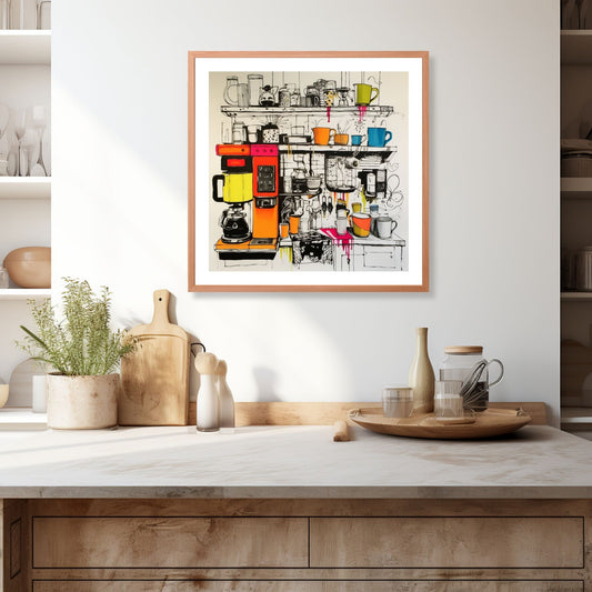 Grafisk illustrasjon av et sjarmerende kjøkken med en kaffetrakter og kopper, som gir en følelse av varme og komfort til rommet. Illustrasjonen viser motivet som plakat i ramme som henger over en kjøkkenbenk.