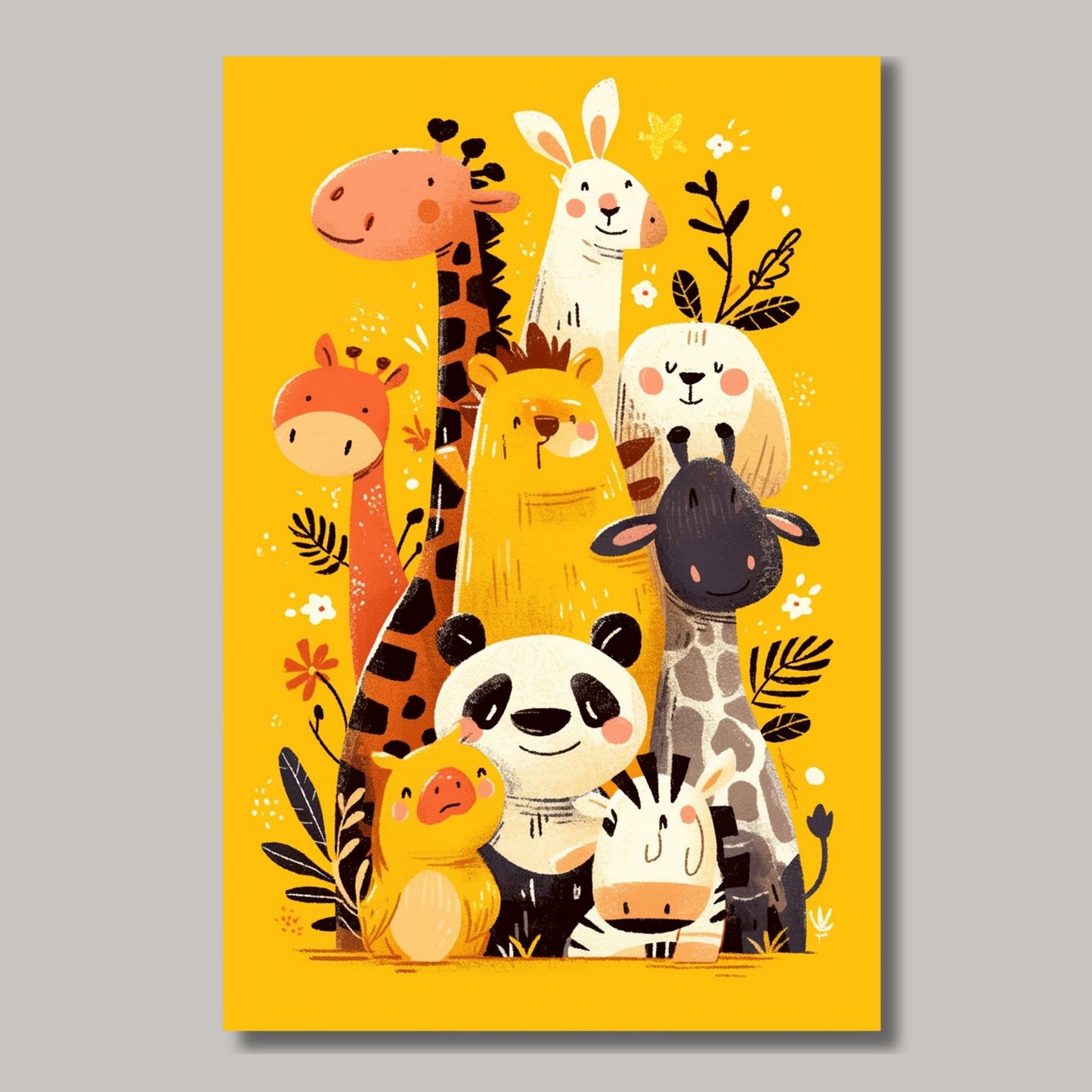 Denne herlige illustrasjonen viser en sjarmfull samling av eksotiske dyr, inkludert sjiraff, panda, løve, sebra, og flere søte skapninger. Illustrasjonsfoto viser motivet på lerret.