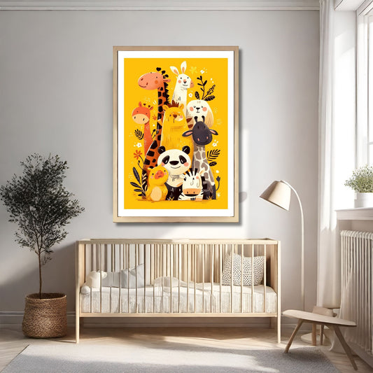 Denne herlige illustrasjonen viser en sjarmfull samling av eksotiske dyr, inkludert sjiraff, panda, løve, sebra, og flere søte skapninger. Illustrasjonsfoto viser motivet som plakat i lys ramme.