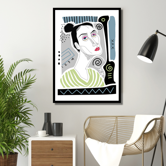 Grafisk plakat med dame ansikt. Farger i sort, lime, grå og hvit. Line art.