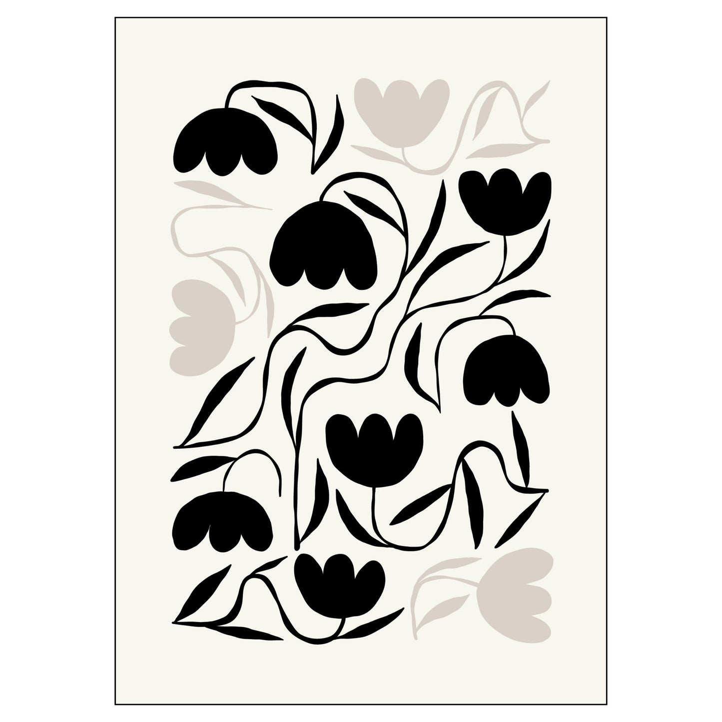 Grafisk plakat i abstrakt, floralt mønster i sort, beige og dempet hvit bakgrunn. Plakaten har et bredt felt rundt i bakgrunnsfarge.