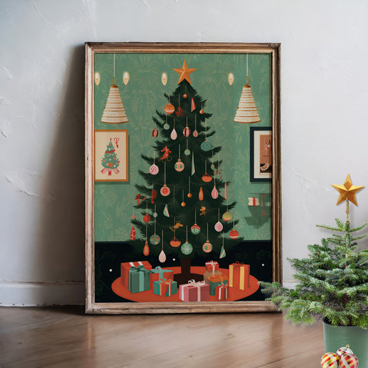 Et klassisk juletre badet i dempet grønn stue, pyntet med gammeldagse kuler, sløyfer og stjerner. Illustrasjon viser plakat uten hvit kant i ramme.