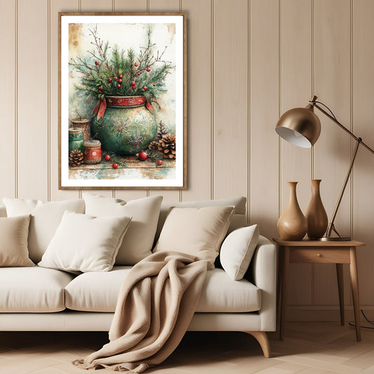 Dette motivet viser en antikk julekrukke fylt med vintergrønt, røde bær og kongler, perfekt for å tilføre hjemmet et elegant og klassisk julepreg. Illustrasjon viser motivet som plakat med hvit kant i lys ramme.