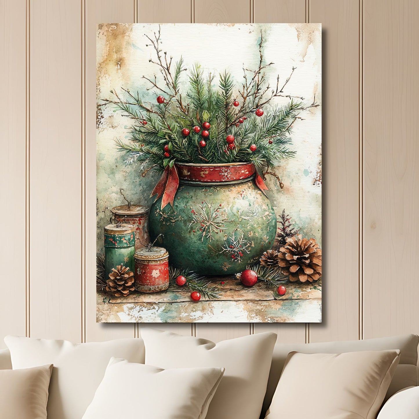 Dette motivet viser en antikk julekrukke fylt med vintergrønt, røde bær og kongler, perfekt for å tilføre hjemmet et elegant og klassisk julepreg. Illustrasjon viser motivet på lerret.