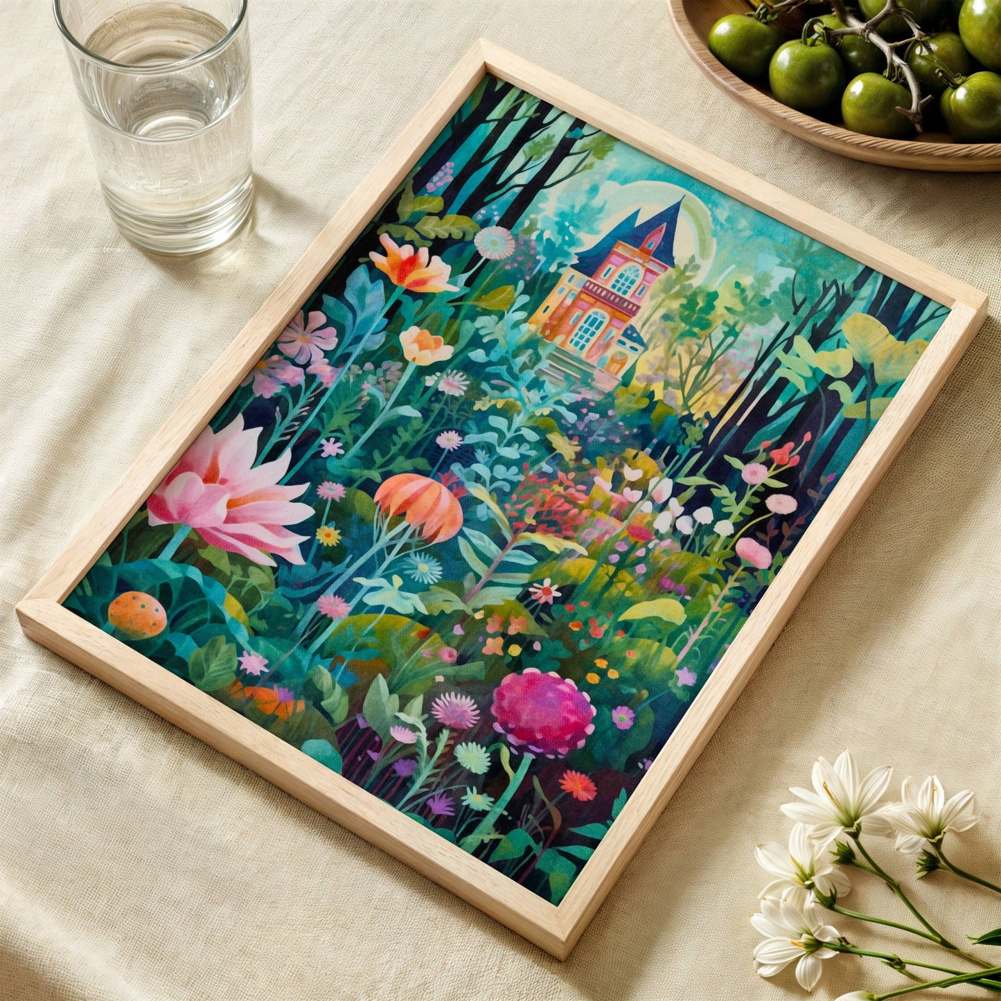 Et skjult hus midt i en tettblomstrende og grønn hage – mystisk, men innbydende. Illustrasjon viser plakat uten hvit kant i eik ramme.