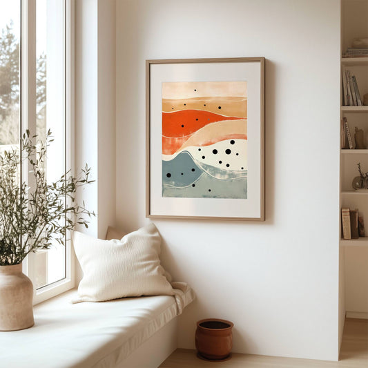 Med varme jordtoner i terrakotta, beige og dempede blå nyanser skaper dette motivet en harmonisk og sofistikert atmosfære. Illustrasjon viser motivet som plakat i ramme med passepartout.