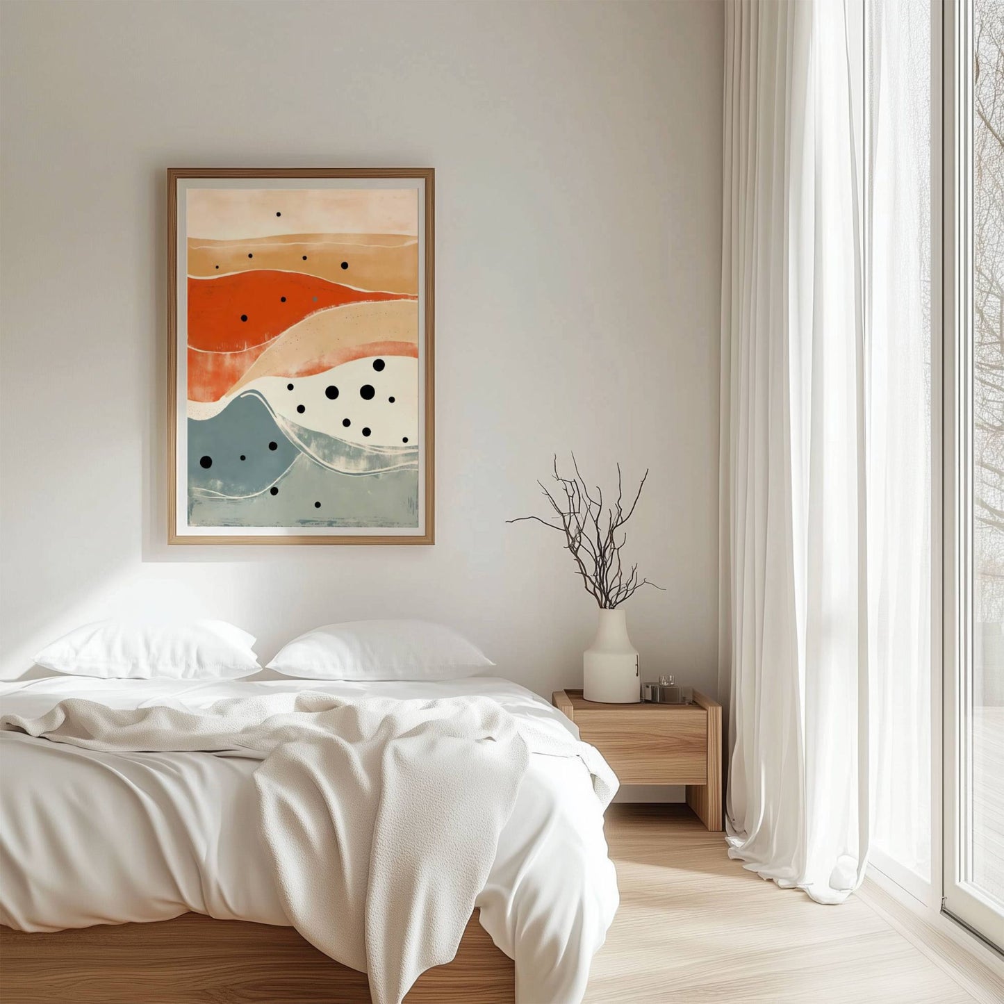 Med varme jordtoner i terrakotta, beige og dempede blå nyanser skaper dette motivet en harmonisk og sofistikert atmosfære. Illustrasjon viser motivet som plakat i ramme.